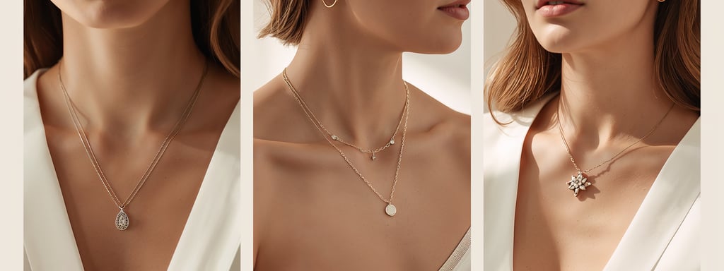 Elegant woman wearing layered gold pendant necklaces including teardrop, circle, and star designs.