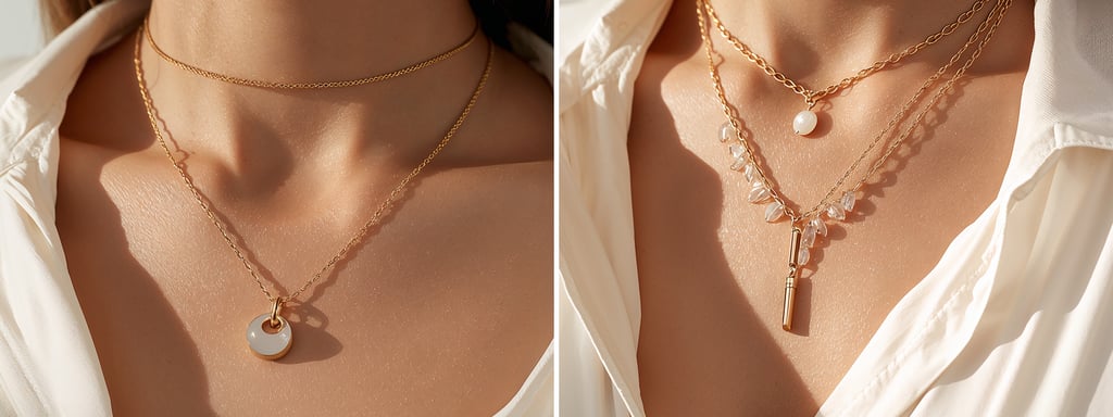 Elegant gold layered necklaces for women featuring moonstone and crystal pendants on a white silk blouse.