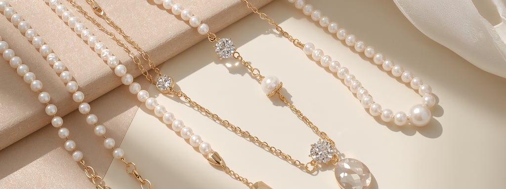 Elegant layered gold chain and white pearl necklaces with crystal pendants on soft silk fabric.