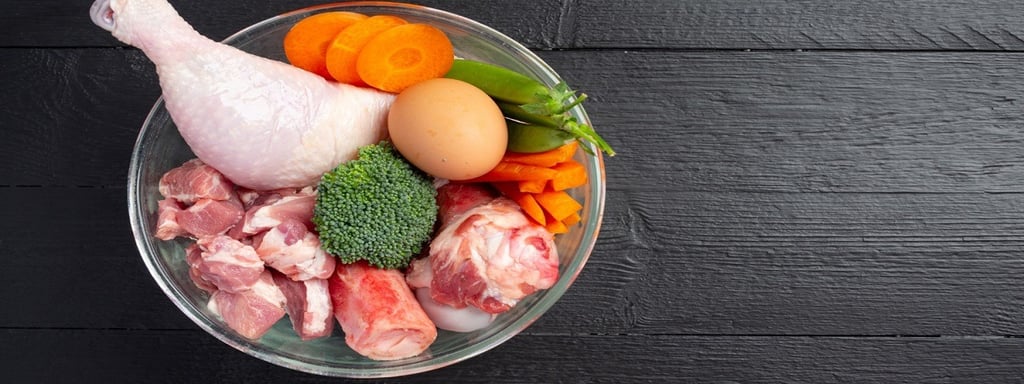 Chicken, eggs, meat, and vegetables in a bowl
