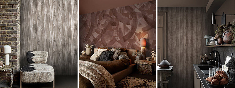 Modern textured wallpaper designs for bedroom and kitchen walls in earthy brown tones.