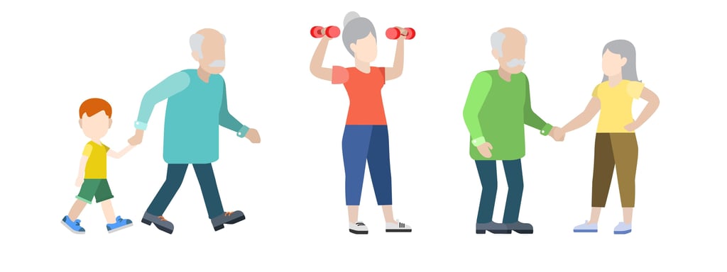 Flat vector illustration of active seniors walking, lifting dumbbells, and socializing for healthy aging.