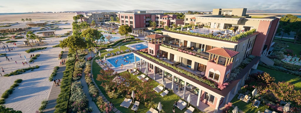 New Luxury beach resort in Italy with swimming pools, outdoor lounge areas, and beach