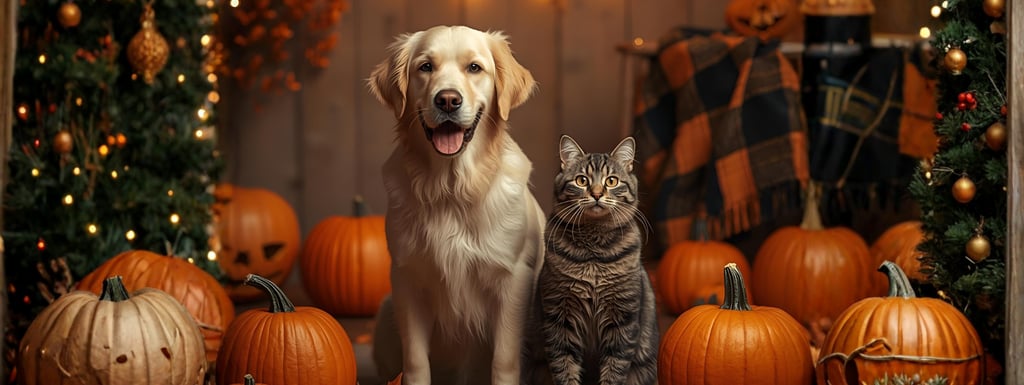 Dog and cat indoors with pumpkins and fall leaves in Burlington.