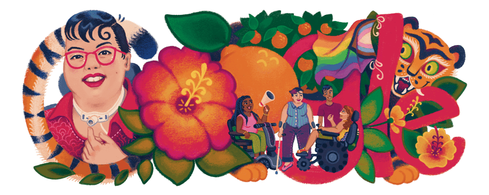 Image of Google doodle with Stacey, a tiger, flowers, and friends in wheelchairs, BIPOCS, walking support, megaphone etc. 