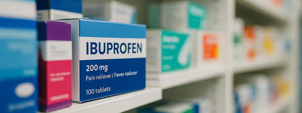 Ibuprofen medication box on pharmacy shelf for pain relief, inflammation & fever reduction – over the counter NSAID display