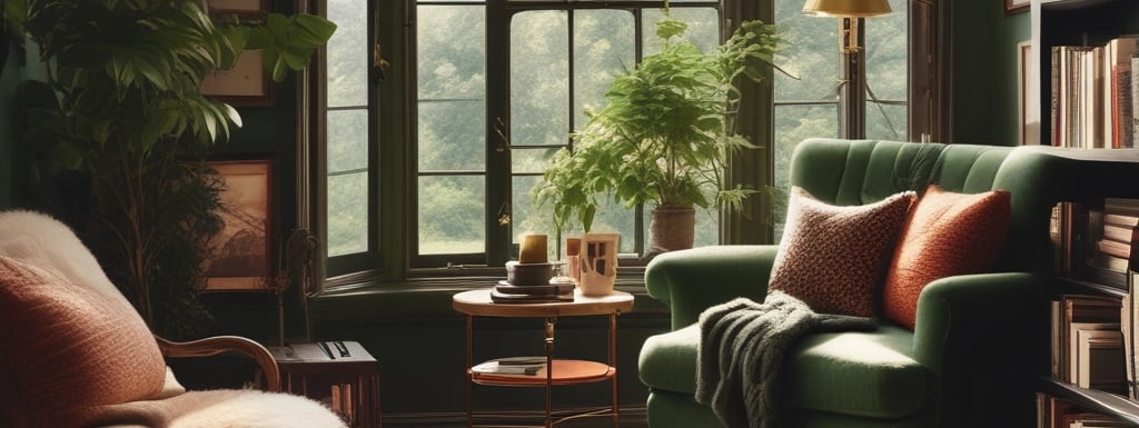 a living room with a green chair and a chair