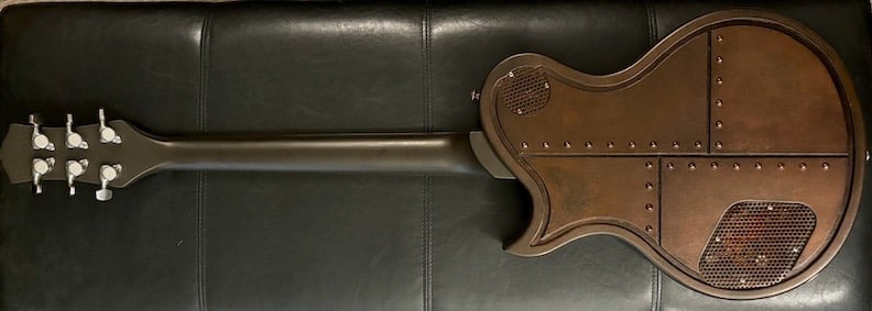 Ironbrand Les Paul style dark industrial guitar. Full back view.