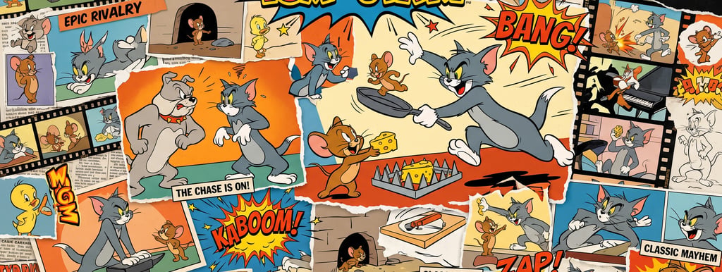 Uma colagem colorida de desenhos animados de Tom e Jerry, apresentando o gato e o rato em cenas clás