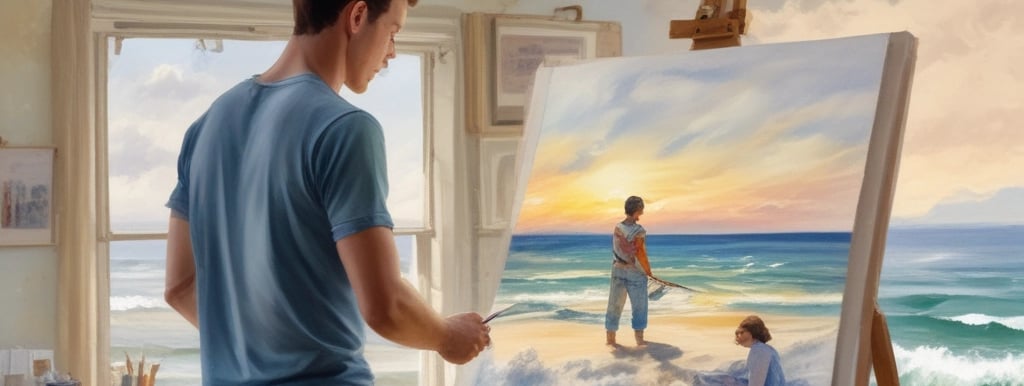 An artist painting a painting of women on a beach