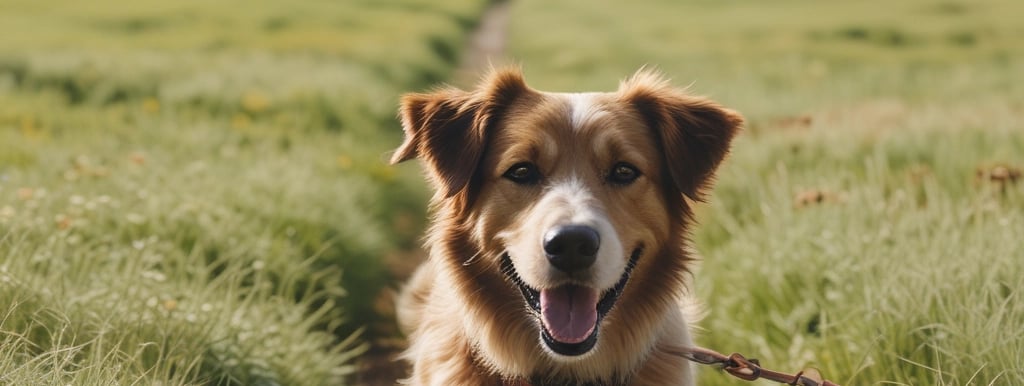 A happy dog walking in a sunny park with a leash.