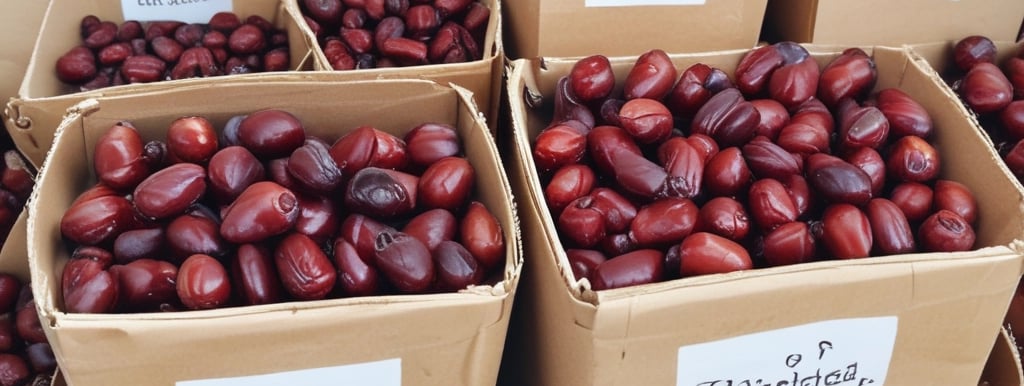 A close-up of various types of dates arranged on a wooden platter.