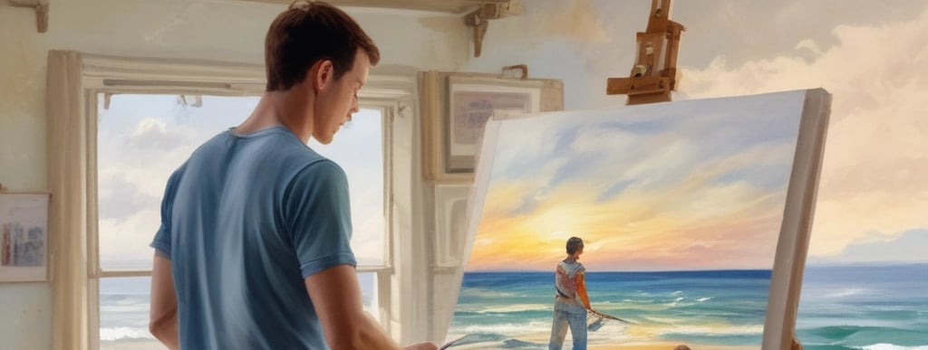 Pintura de un hombre pintando la escena de una playa