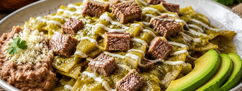Chilaquiles tradicionales verdes con arrachera, crema, queso ranchero y aguacate