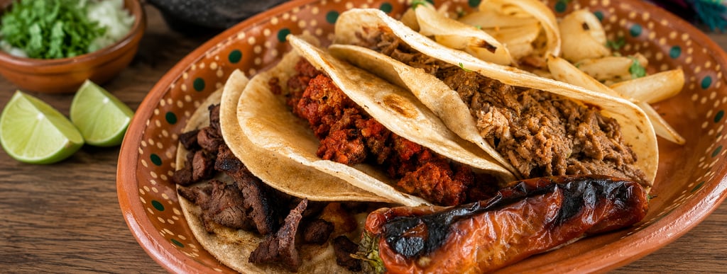 Tacos de barbacoa estilo Guadalajara, arrachera y chorizo.