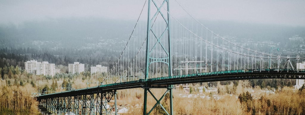 A tall, green suspension bridge spanning a river, with a forest and scattered buildings in the background under a foggy sky.