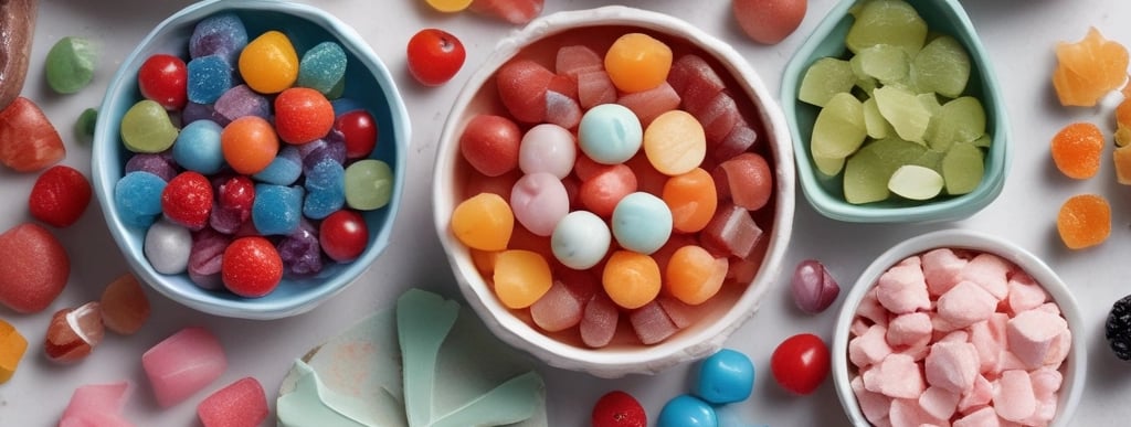 Colorful assortment of freeze-dried organic candies and ice cream scoops arranged invitingly on a rustic wooden board.