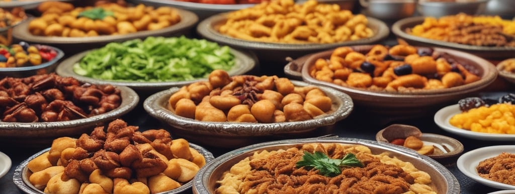 a group of people standing around a table filled with food