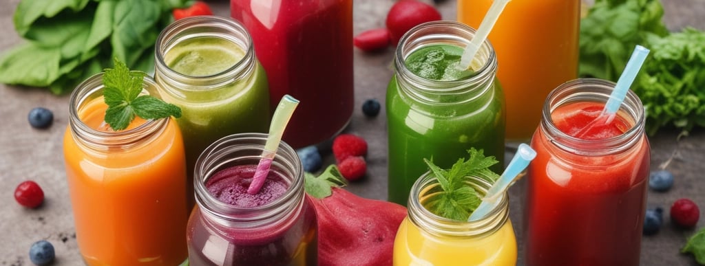 A vibrant fruit juice stall featuring a display of stacked mangoes and pineapples. Several blenders are visible in the background along with a collection of colorful cups. A person stands to the side, ready to serve customers.