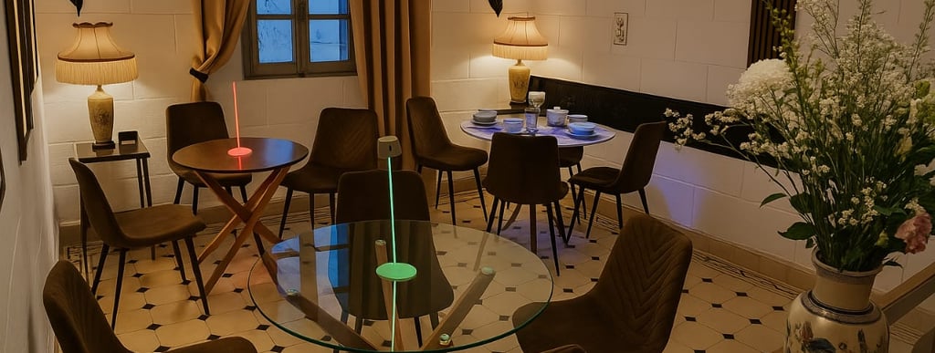 Elegant dining area with glass tables, brown chairs, and modern LED accent lighting in a stylish interior.