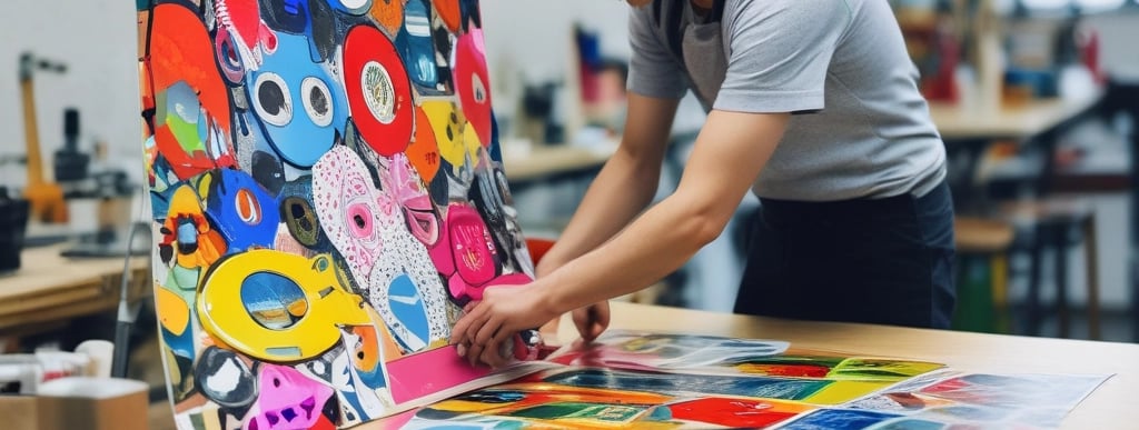 A friendly workshop scene showing a skilled craftsman creating a metal sign inside a bright, organized space.
