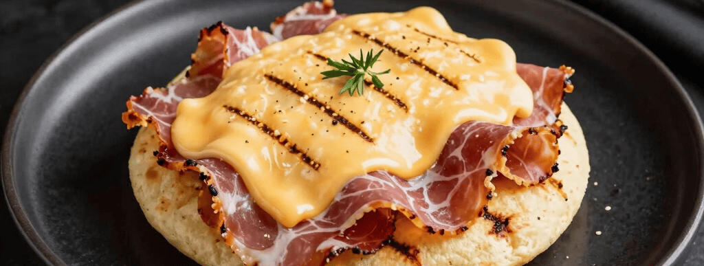 Close-up of a golden, freshly grilled arepa with melted cheese oozing out.