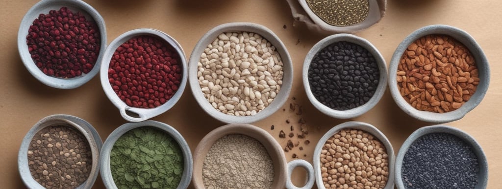 A rustic wooden table displaying a variety of nuts including almonds, cashews, pistachios, walnuts, hazelnuts, and macadamia nuts in small bowls.