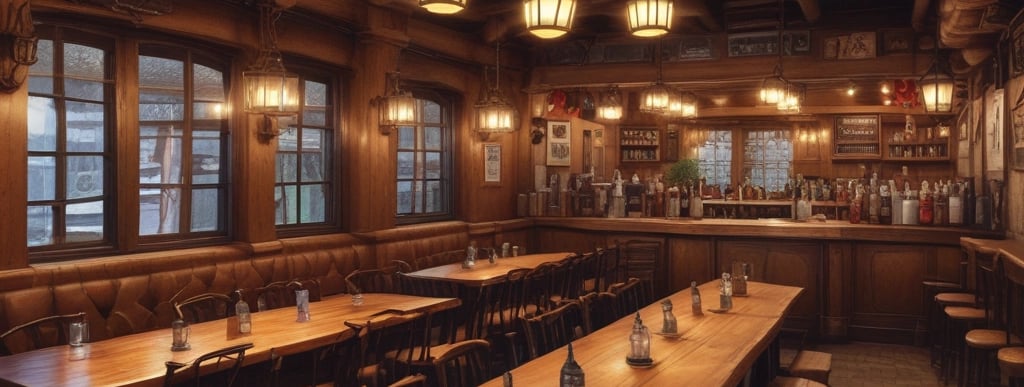 Cozy traditional Austrian restaurant interior with wooden tables and warm lighting