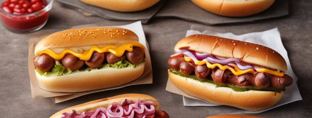 Close-up photo of a vibrant hot dog loaded with spicy slaw, melted cheese, and crispy onions on a toasted bun.