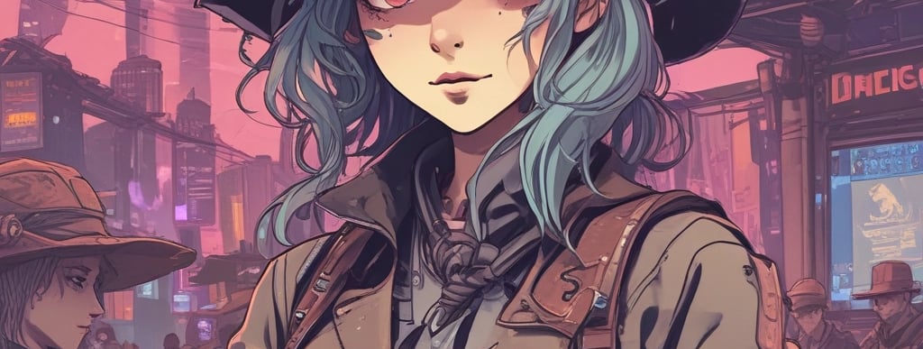 A dimly lit, futuristic setting with two individuals in elaborate costumes. One person is wearing a long black outfit and a gas mask, giving an impression of anonymity. The other person, with vivid red hair styled in buns, is dressed in intricate black leather attire with belts and gloves, exuding a punk or cyber-goth aesthetic. Neon blue lighting creates an industrial and otherworldly atmosphere.