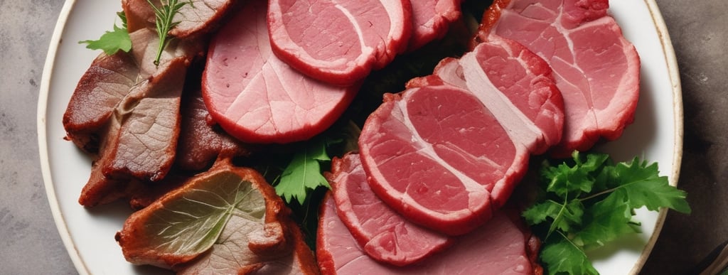 Several raw steak cuts of red meat with marbling are arranged in a neat, overlapping pattern. The meat appears fresh and ready for cooking.