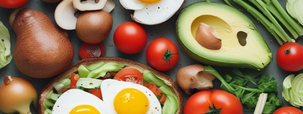 avocado, tomatoes, eggs, mushrooms, spring onions, and leaves