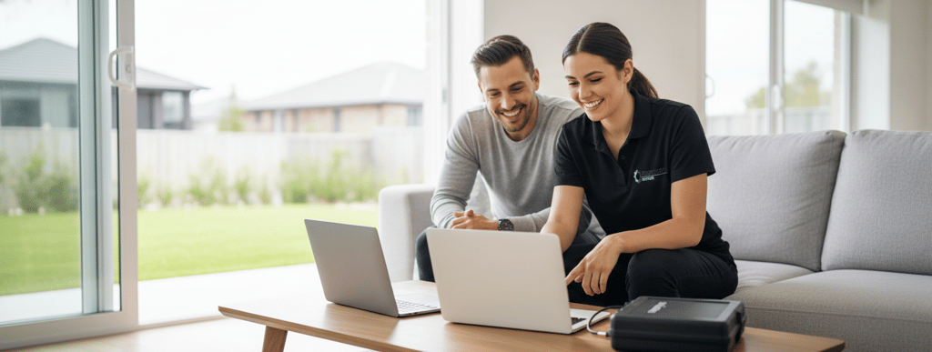 a man and woman sitting on a couch in a living room