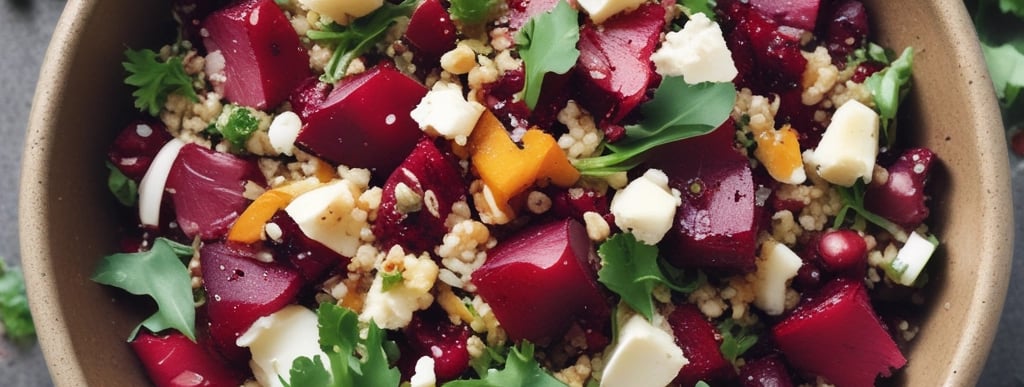 A colorful spread of fresh salads and power plates on rustic wooden table.