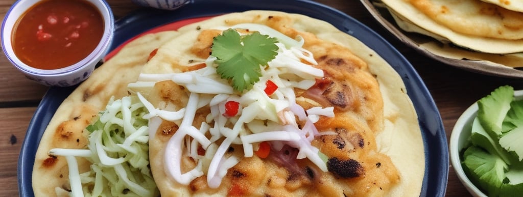 Close-up of a golden, handmade pupusa filled with melted cheese and served with curtido and salsa on a rustic plate.