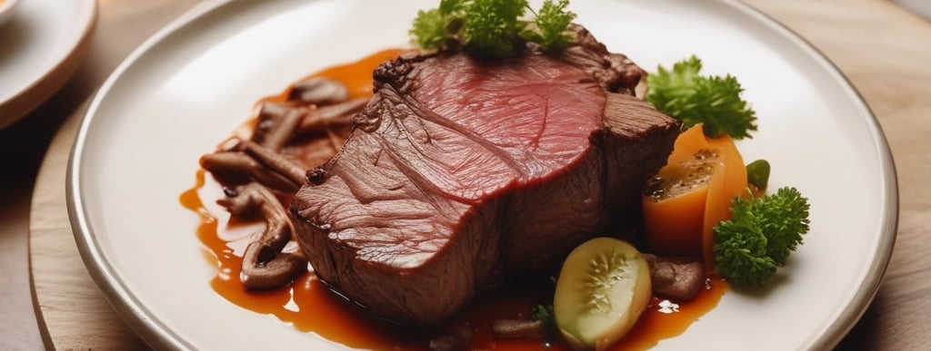 Close-up of a beautifully plated filet de bœuf with melted Saint-Marcellin cheese and fresh herbs.
