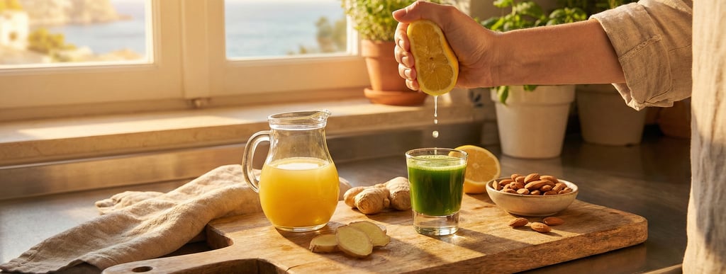 A person squeezing fresh lemon juice into a healthy green wellness shot with ginger and almonds on a wooden board.