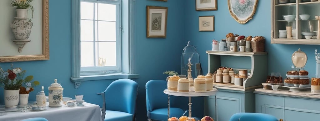 A cozy, dimly-lit shop display showcases a collection of intricately designed teapots, teacups, and saucers. The arrangement includes various patterns and colors, all set against a backdrop of shelves filled with an assortment of items. A decorative, slender tree with sparkling lights adds a festive touch to the scene.
