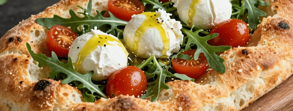 Close-up of a golden focaccia topped with fresh roquette, cherry tomatoes, and melted mozzarella.