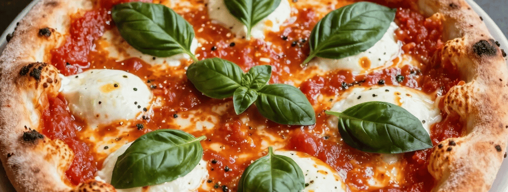 Close-up of a freshly baked pizza with melted mozzarella, fresh basil leaves, and vibrant tomato sauce on a rustic wooden table.