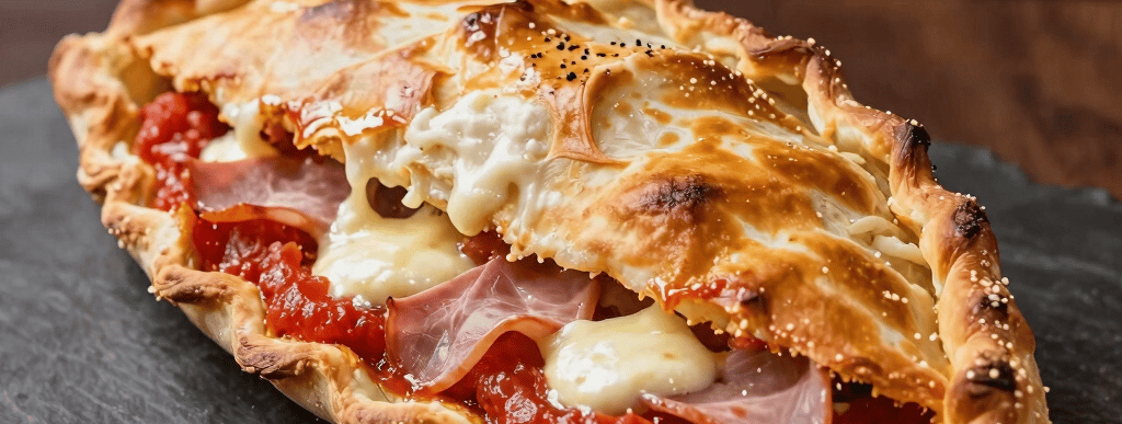 Close-up of a golden-baked calzone with melted mozzarella oozing out.