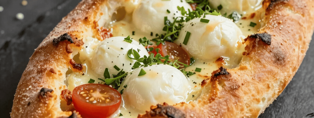 Close-up of a rustic Italian pizza topped with fresh mozzarella, cured meats, and vibrant greens on a wooden table.