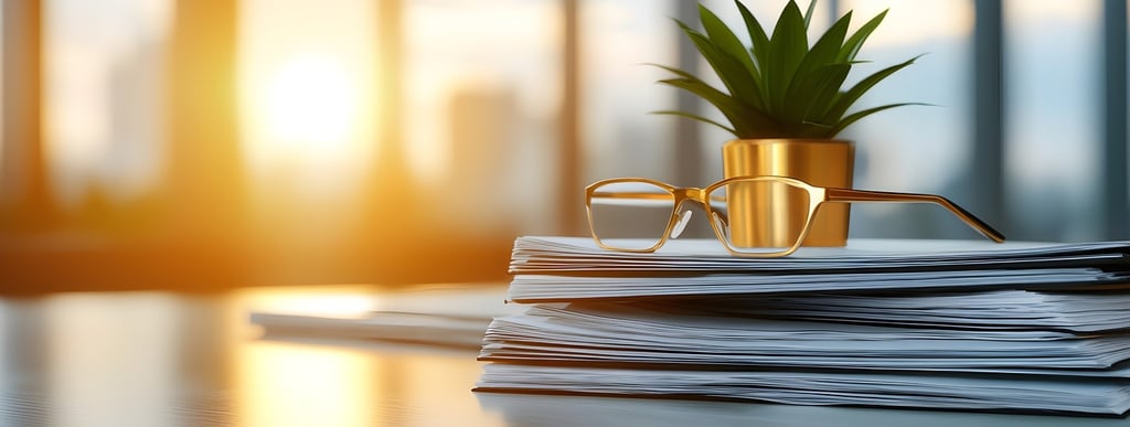 Gold-rimmed glasses resting on a stack of office documents next to a potted plant at sunrise.