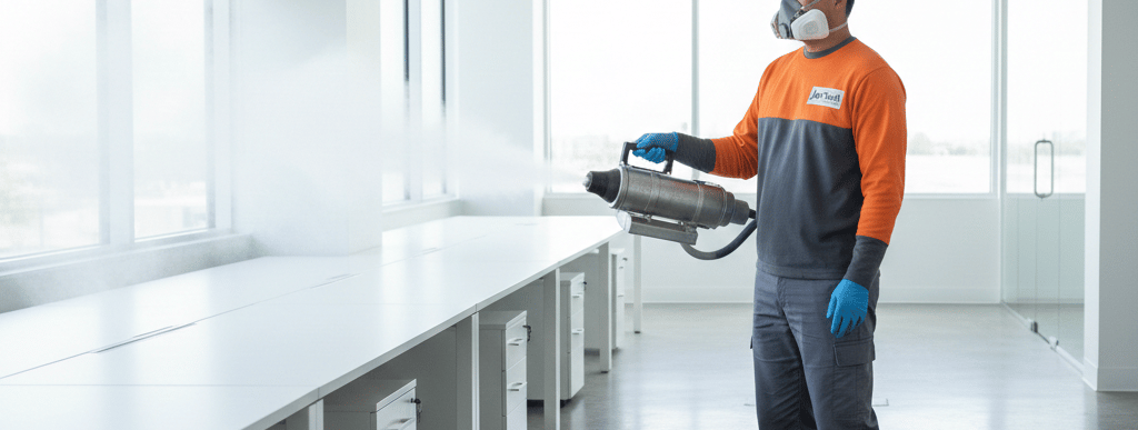 Professional commercial office disinfection services using a fogging machine for deep cleaning.