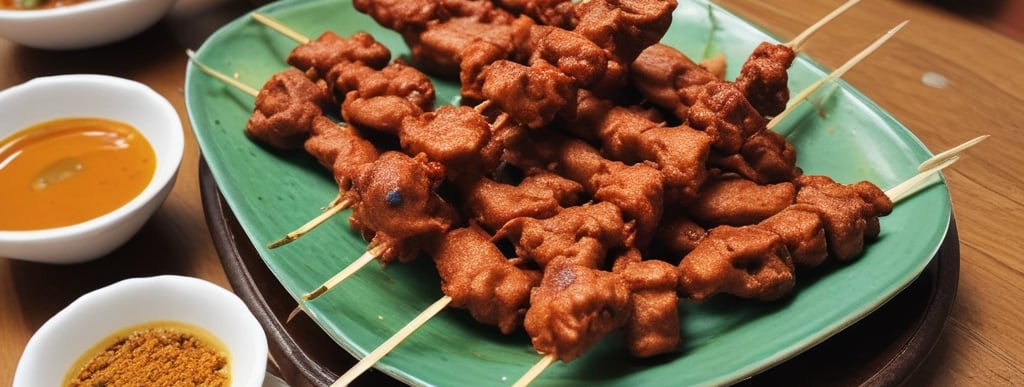 A red tray holds a plate of food featuring a serving of white rice, crispy fried chicken, sambal sauce, cucumber slices, and fried anchovies. There is also a wrapped burger and two beverages in colorful cups nearby.