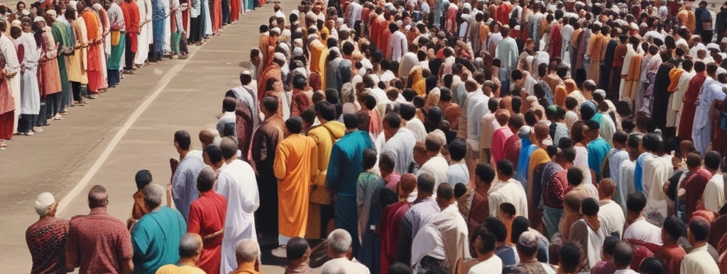 A Hindu temple with intricate carvings and colorful statues is set in an urban environment. The entrance features traditional architectural elements with brightly painted figures of deities. A canopy extends over the gate, and informative signs are displayed near the entrance. The surroundings include red metal barricades and a large tree to the side.