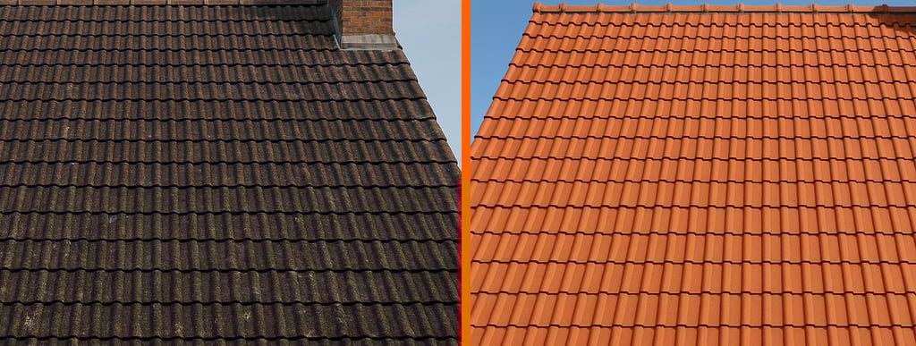 Toiture en tuiles rouges avec cheminée avant après nettoyage
