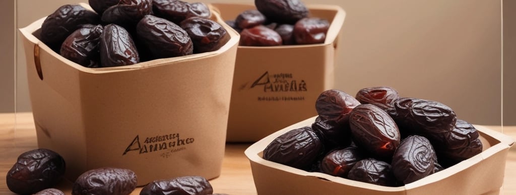 A close-up of various types of dates arranged on a wooden platter.