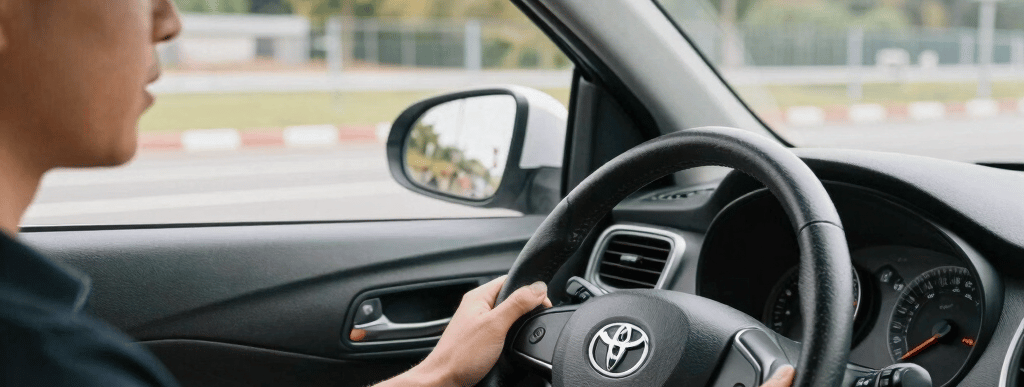 A calm driving lesson scene with a student and instructor inside a manual car.