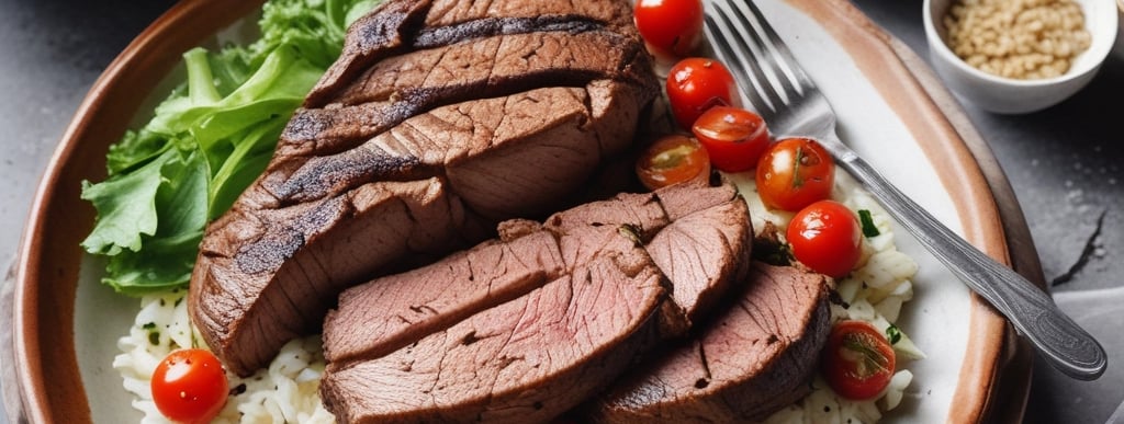 Elegant plated executive meal with grilled meat, rice, beans, salad, and side dishes on a rustic wooden table.